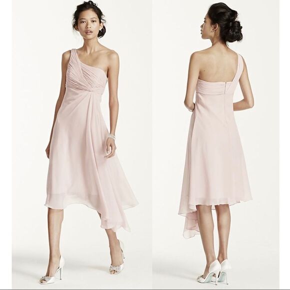 David’s‎ Bridal One Shoulder Dress Womens 8 Pink Chiffon Flowy Summer Bridesmaid - Picture 11 of 11